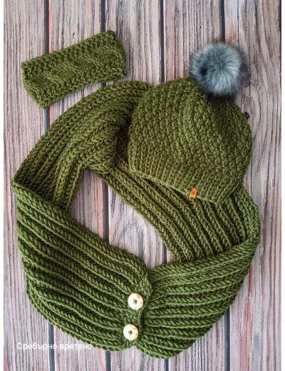  Луксозен зимен комплект от ръчно плетен шал 2в1, шапка и лента за глава