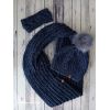 Ръчно плетен зимен сет „Албена“ – шал, шапка с помпон и лента за глава в актуално тъмносиньо