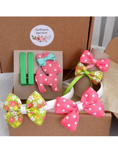 Подаръчен сет в кутия ДВЕ диадеми ДВЕ ластичета ТРИ шнолки Идея за детски подарък за рожден ден или имен ден 